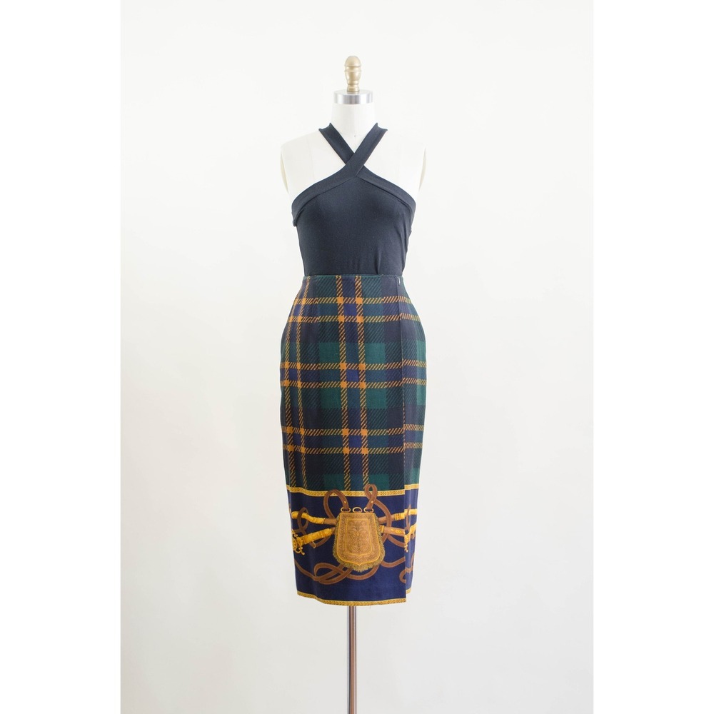 Ann Taylor green plaid wool wrap skirt 90s vtg equestrian novelty print skirt - Picture 5 of 8